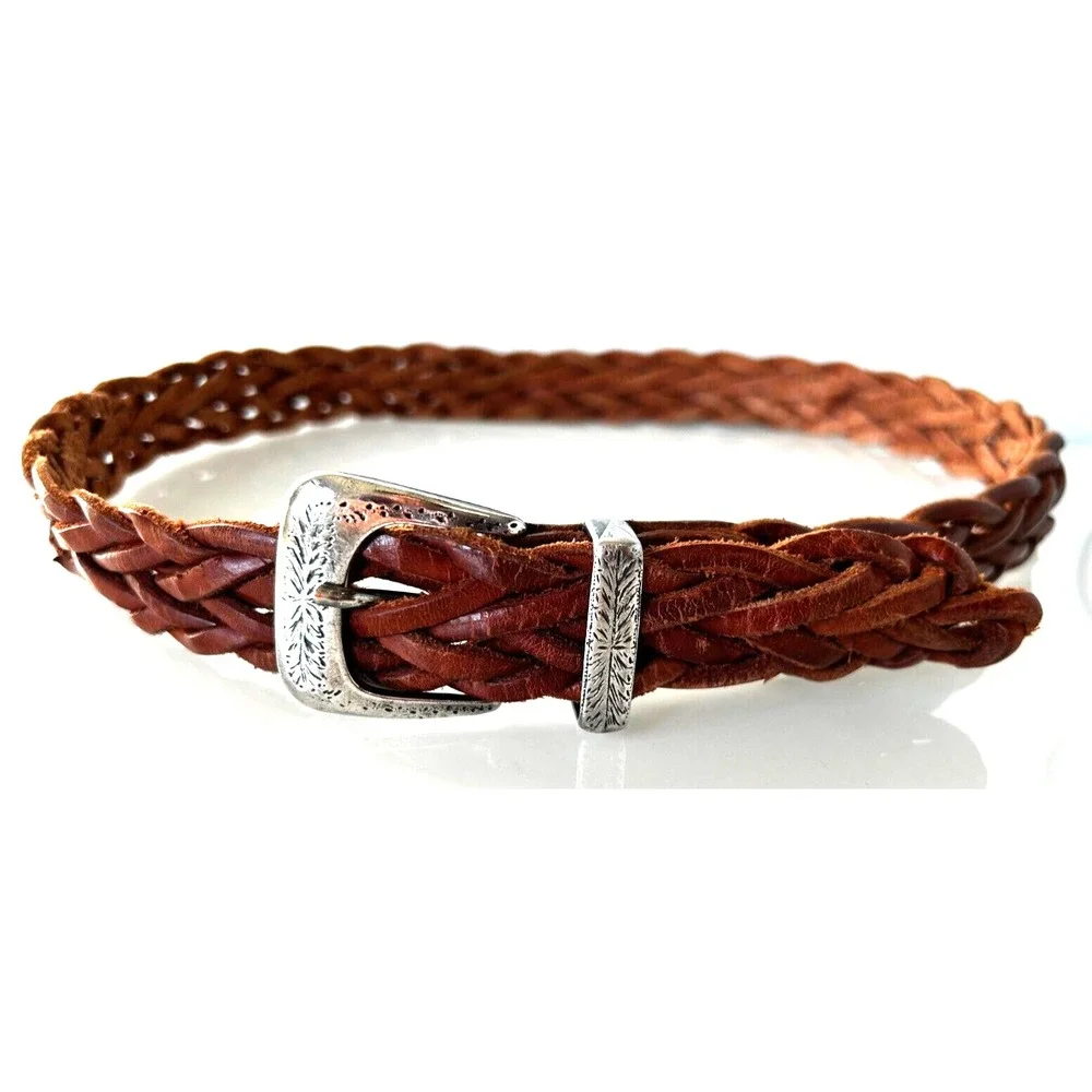 Braided Leather Belt Etched Silver Plate Buckle Made in Argentina Brown S